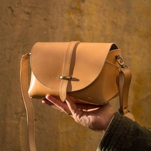 Leather crossbody bag, Small satchel bag handmade with full grain leather cowhide KYANIA Natural Tan