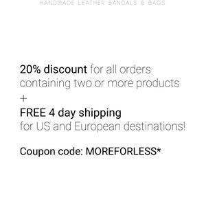 K&ouml;nnte beinhalten: Wei&szlig;er Hintergrund mit dem Markennamen &bdquo;KYANIA&ldquo; und dem Slogan &bdquo;HANDMADE LEATHER SANDALS & BAGS&ldquo;. Der Text wirbt f&uuml;r einen Rabatt auf Bestellungen mit mehreren Produkten.