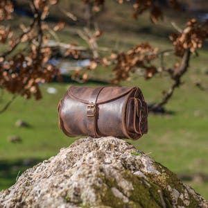 Women's brown leather barrel crossbody purse, tube saddle bag handmade in Greece with full grain cowhide leather KYANIA image 6