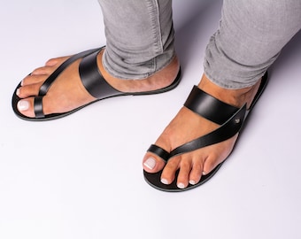 Black leather sandals, ancient greek style sandals, toe ring flat slide sandals, women summer shoes - KYANIA