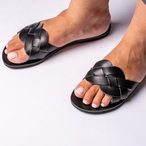 Black leather sandals, greek sandals, flat slide sandals, women slider sandals, summer shoes - KYANIA