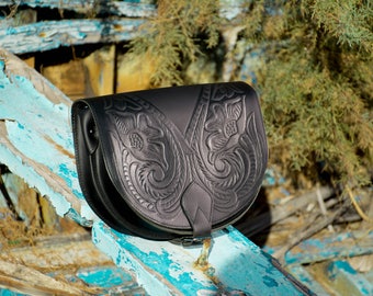 Tooled leather purse, Tooled leather bag, Tooled leather saddle bag, crossbody bag, Black tooled leather handbag, genuine leather - KYANIA