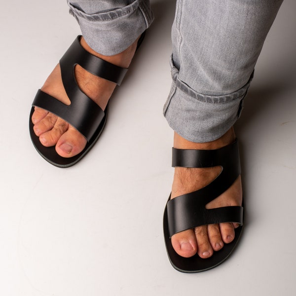 Leren herensandalen, Griekse herensandalen, herenslip op Griekse sandalen, schuifsandalen zomerschoenen - Kinaria - KYANIA