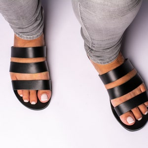 Black leather sandals, Ancient greek style sandals, Flat slide sandals, Strappy slider sandals, women summer shoes - KYANIA
