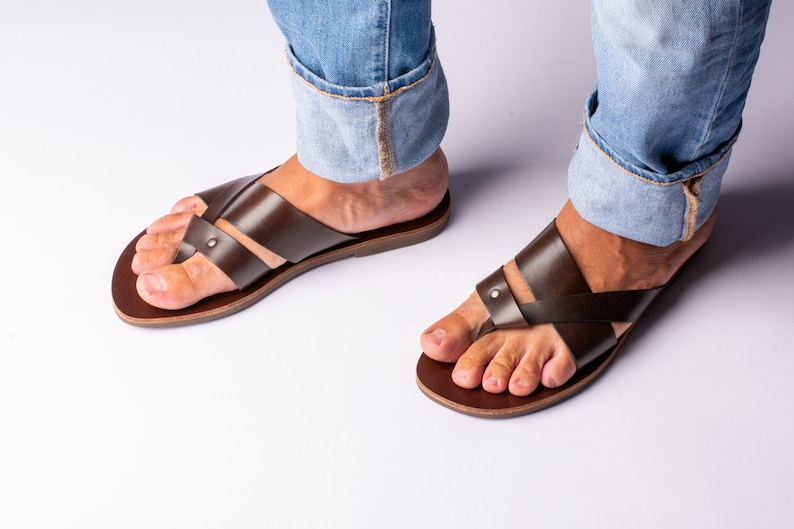 Mens Leather Slide Sandals, Handmade Summer Sandals, Agistria Brown