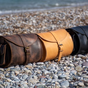 Women's brown leather barrel crossbody purse, tube saddle bag handmade in Greece with full grain cowhide leather KYANIA image 10