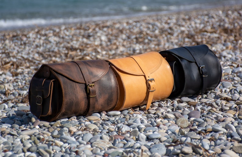 Women's brown leather barrel crossbody purse, tube saddle bag handmade in Greece with full grain cowhide leather KYANIA image 10