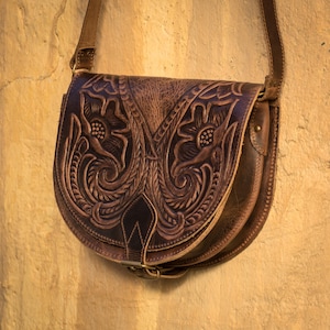 Tooled leather purse, Tooled leather bag, Tooled leather saddle bag, crossbody bag, Brown tooled leather handbag, genuine leather - KYANIA
