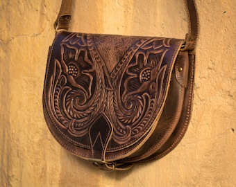 Tooled leather purse, Tooled leather bag, Tooled leather saddle bag, crossbody bag, Brown tooled leather handbag, genuine leather - KYANIA