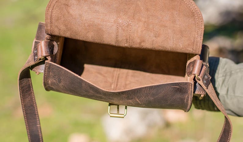 Women's brown leather barrel crossbody purse, tube saddle bag handmade in Greece with full grain cowhide leather KYANIA image 8