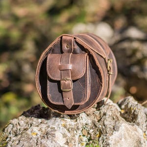 Women's brown leather barrel crossbody purse, tube saddle bag handmade in Greece with full grain cowhide leather KYANIA image 7