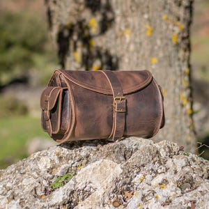 Women's brown leather barrel crossbody purse, tube saddle bag handmade in Greece with full grain cowhide leather KYANIA image 4