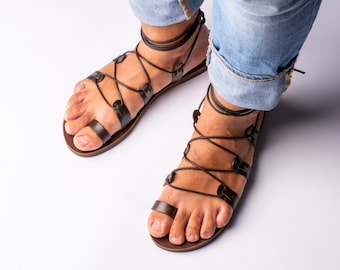 Mens Leather Gladiator Sandals, Toe Loop Greek Roman Tie Up Shoes