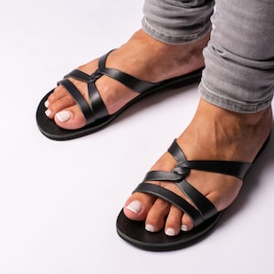 Leather sandals women, minimalist sandals, flat slide sandals, strappy greek sandals,  womens casual summer shoes - KYANIA