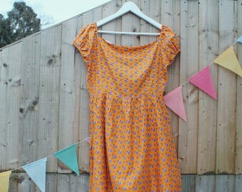 The Sarah Mini Dress.  [Handmade Off the Shoulder Dress in Mustard Yellow Floral Print]