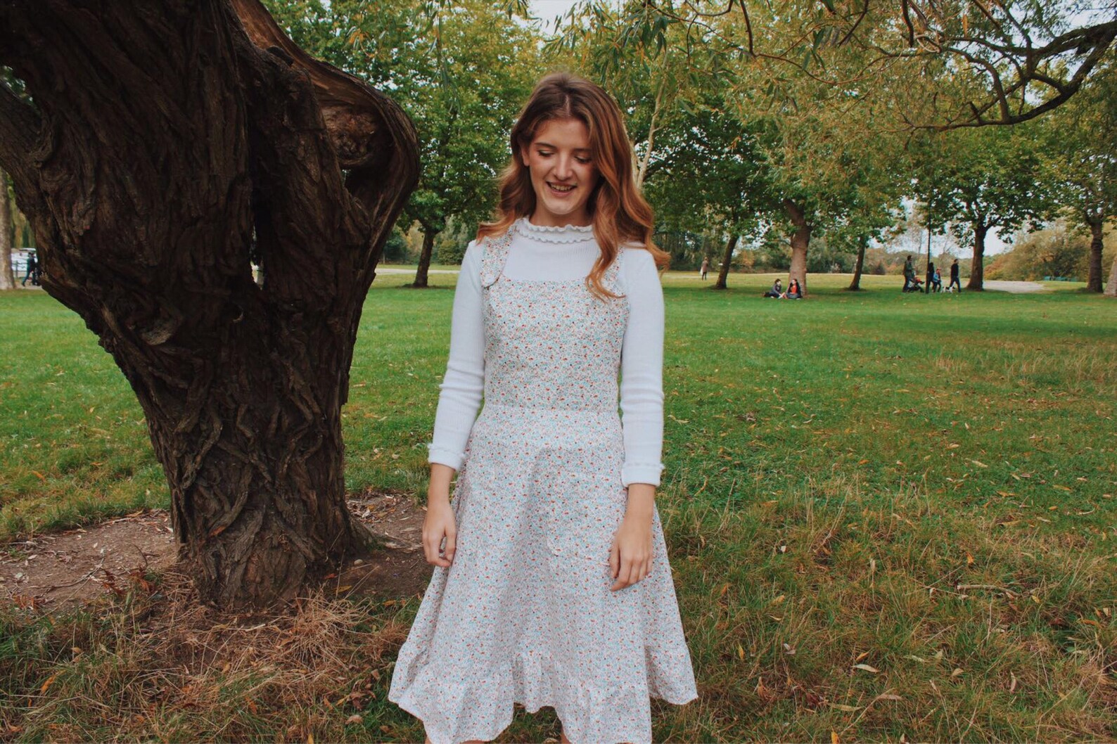 The ROBYN Dress in White Ditsy Handmade Pinafore With Ruffle Hem and