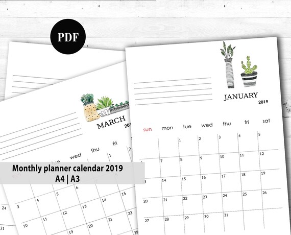 cactus calendar monthly planner 2019 calendar 2019 digital a4 etsy calendar 2019 planner