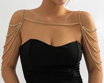 Layered Gold Silver Tone Curb Link Chain Tassel Shoulder Necklace