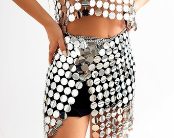 Handmade Glitter Mirror Sequins Patchwork Strappy Nightclub Split Skirt