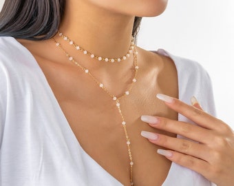 Dainty Layered Natural Crystal Y Necklace Set