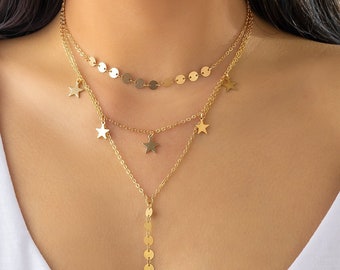 Boho Layered Gold Silver Tone Star Tassel Cable Chain Y Necklace