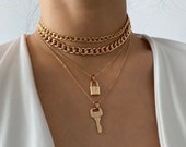 Multi-layer Gold Tone Curb Link Chain Lock Key Pendant Choker Necklace Set