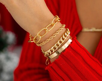 Boho 4 Pieces Curb Link Rope Chain Bangle Bracelet Set