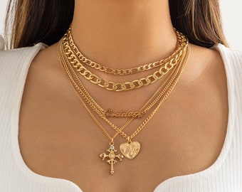Boho Layered Cross Heart Pendant Figaro Curb Chain Choker Necklace Set