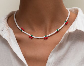 Dainty Seed Bead Cherry Choker Necklace 