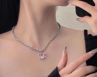 Chic Pink Rhinestone Heart Pendant Cable Chain Necklace