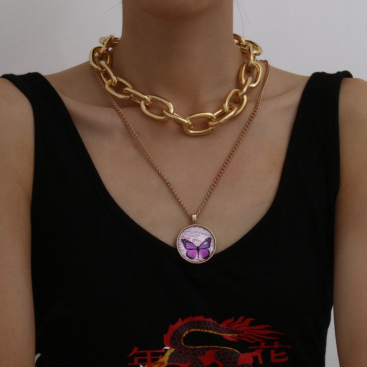 Download Multi-layer Gold Tone Chunky Oval Chain Round Disk ...