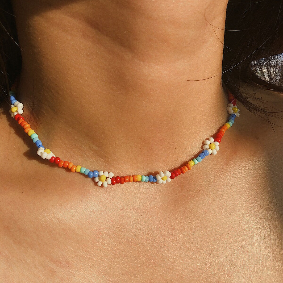 Daisy Flower Colorful Beaded Choker 