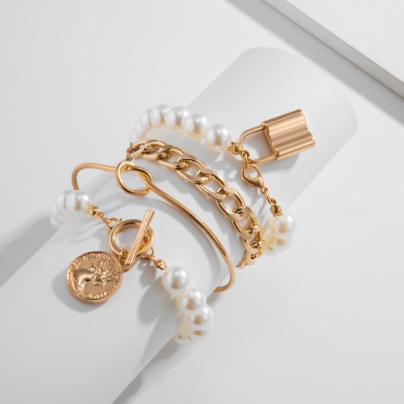 Boho Layered Gold Silver Tone Beaded Pearl Charm Bangle Bracelet Set