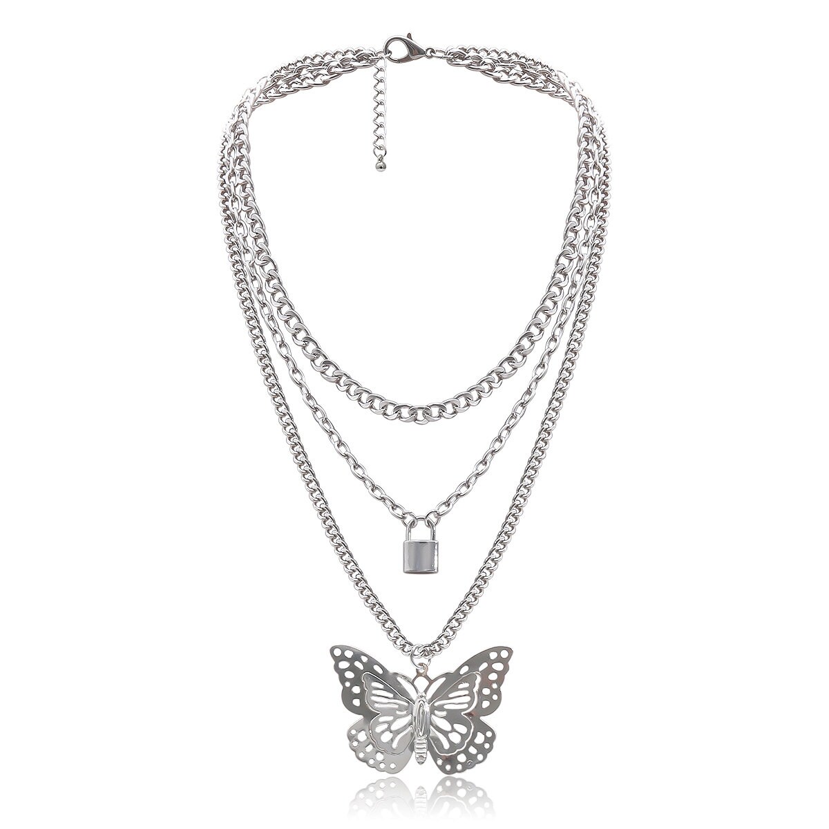 Download Boho Layered Silver Tone Lock & Butterfly Pendant Choker ...