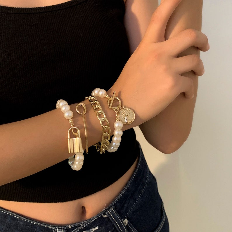 Boho Layered Gold Silver Tone Beaded Pearl Charm Bangle Bracelet Set