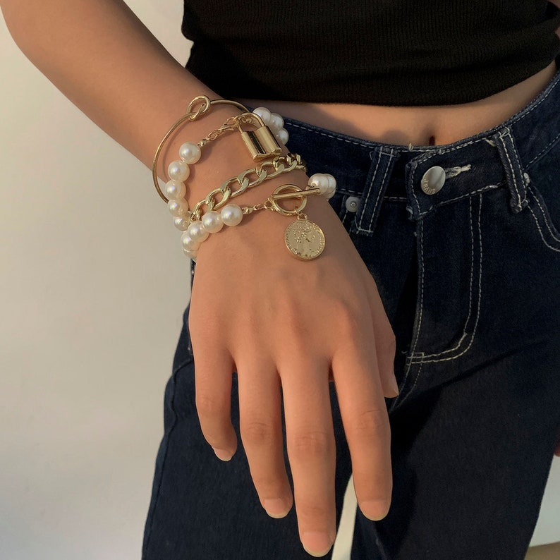 Boho Layered Gold Silver Tone Beaded Pearl Charm Bangle Bracelet Set