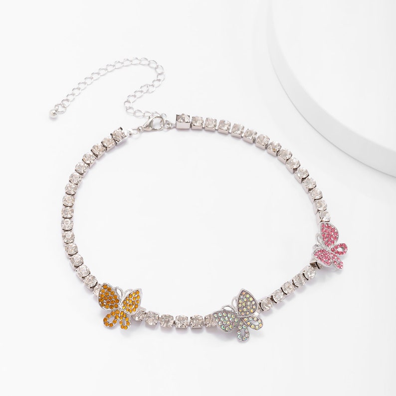 Chic Silver Tone Iced Out Rhinestone Colorful Butterfly Choker Necklace