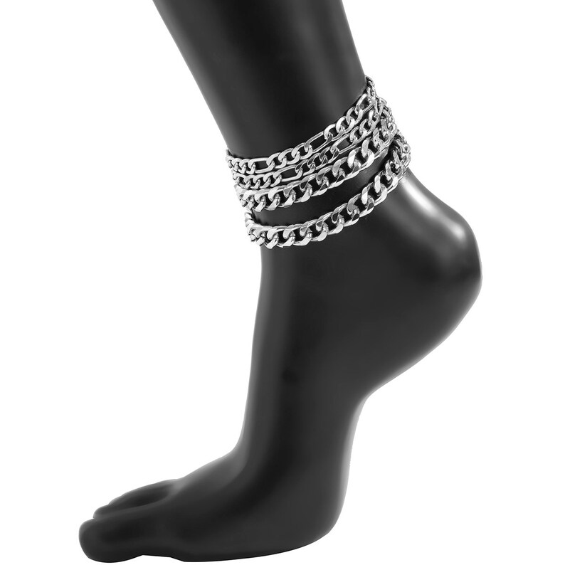 Minimalist 4 Pieces Gold Silver Tone Figaro /& Curb Chain Anklet Set