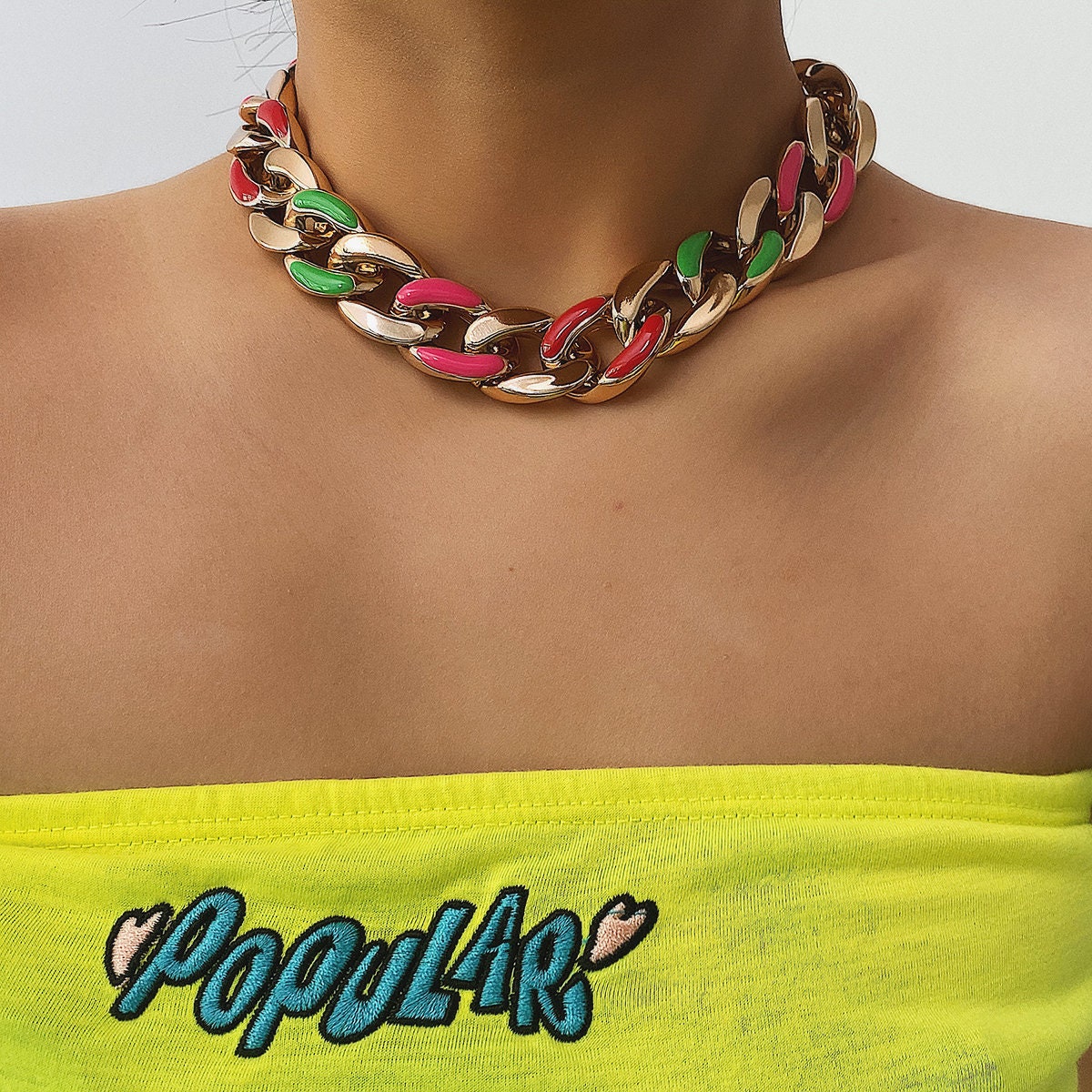 Retro Mixed Color Enamel Gold Chain Choker Necklace 90s Punk Style