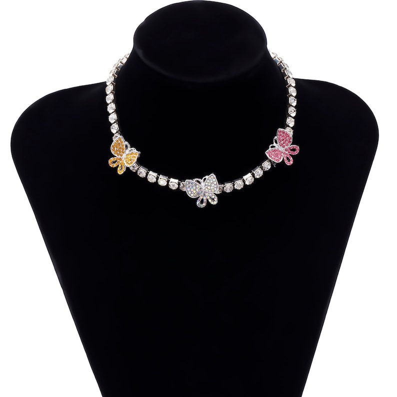 Chic Silver Tone Iced Out Rhinestone Colorful Butterfly Choker Necklace