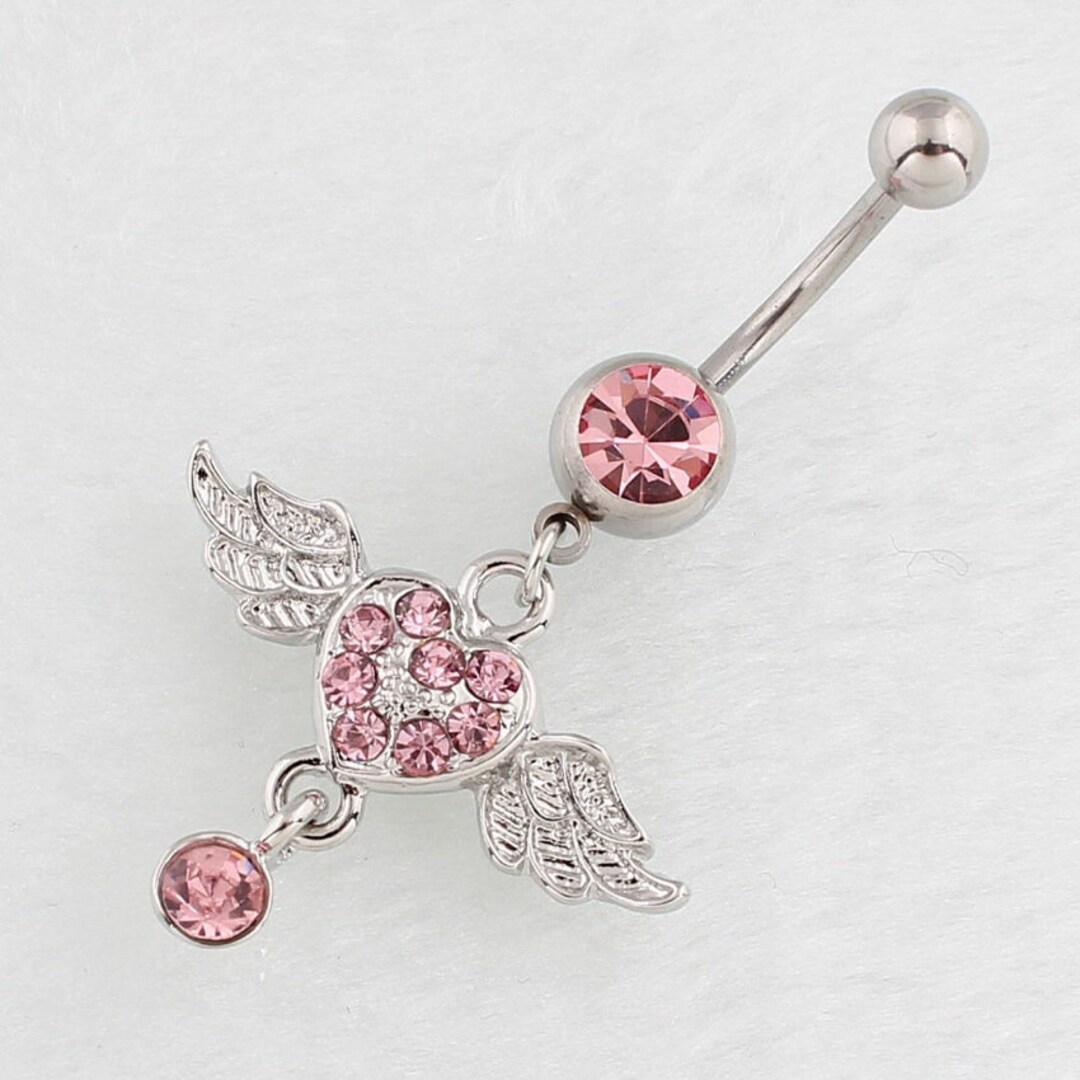 Surgical Stainless Steel Pink Rhinestone Inlaid Heart Wing - Etsy
