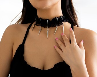 Punk Style Pin Spike Tassel Elastic Lace Band Collar Choker Necklace