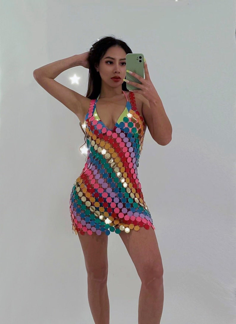 Handmade Rainbow Squamous Sequins Patchwork Nightclub Party Mini Dress 