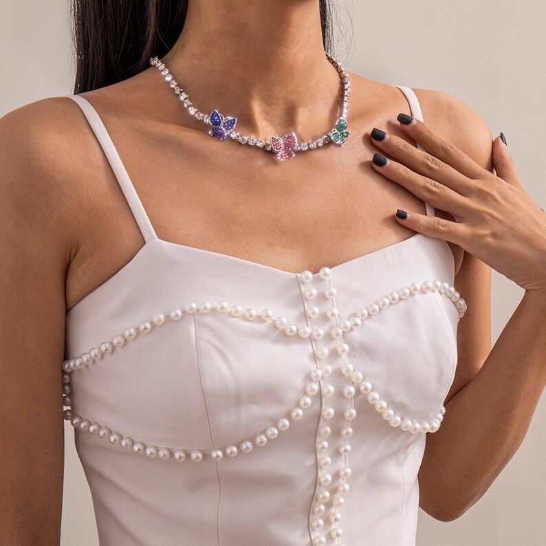 Chic Silver Tone Iced Out Rhinestone Colorful Butterfly Choker Necklace