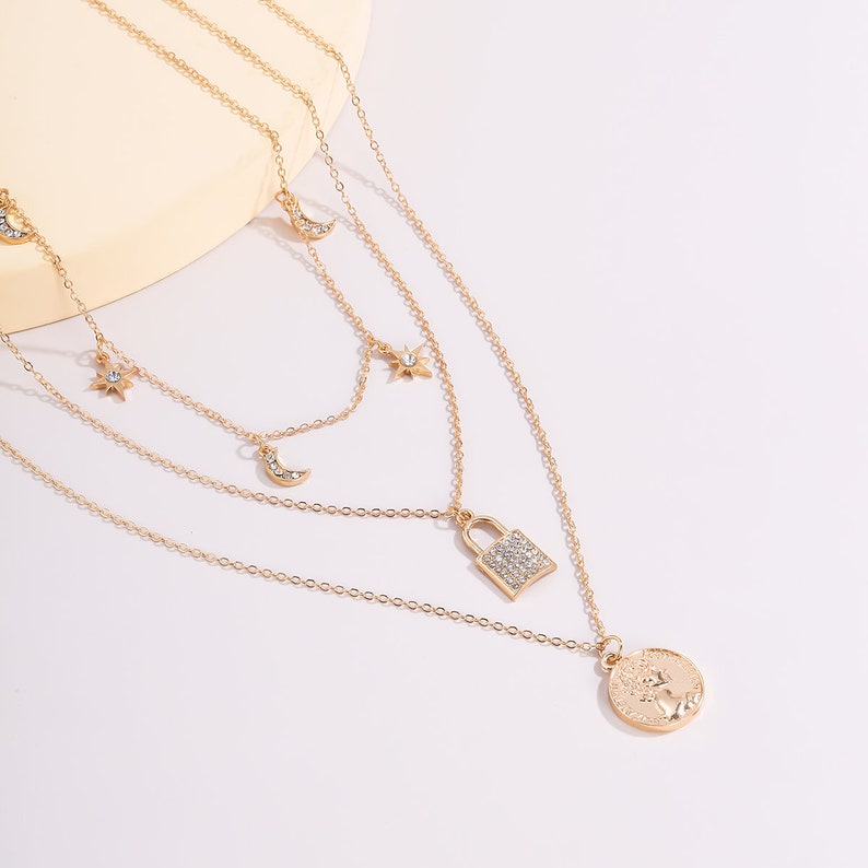 Boho Layered Crystal Inlaid Lock /& Celestial Charm Pendant Choker Necklace Set