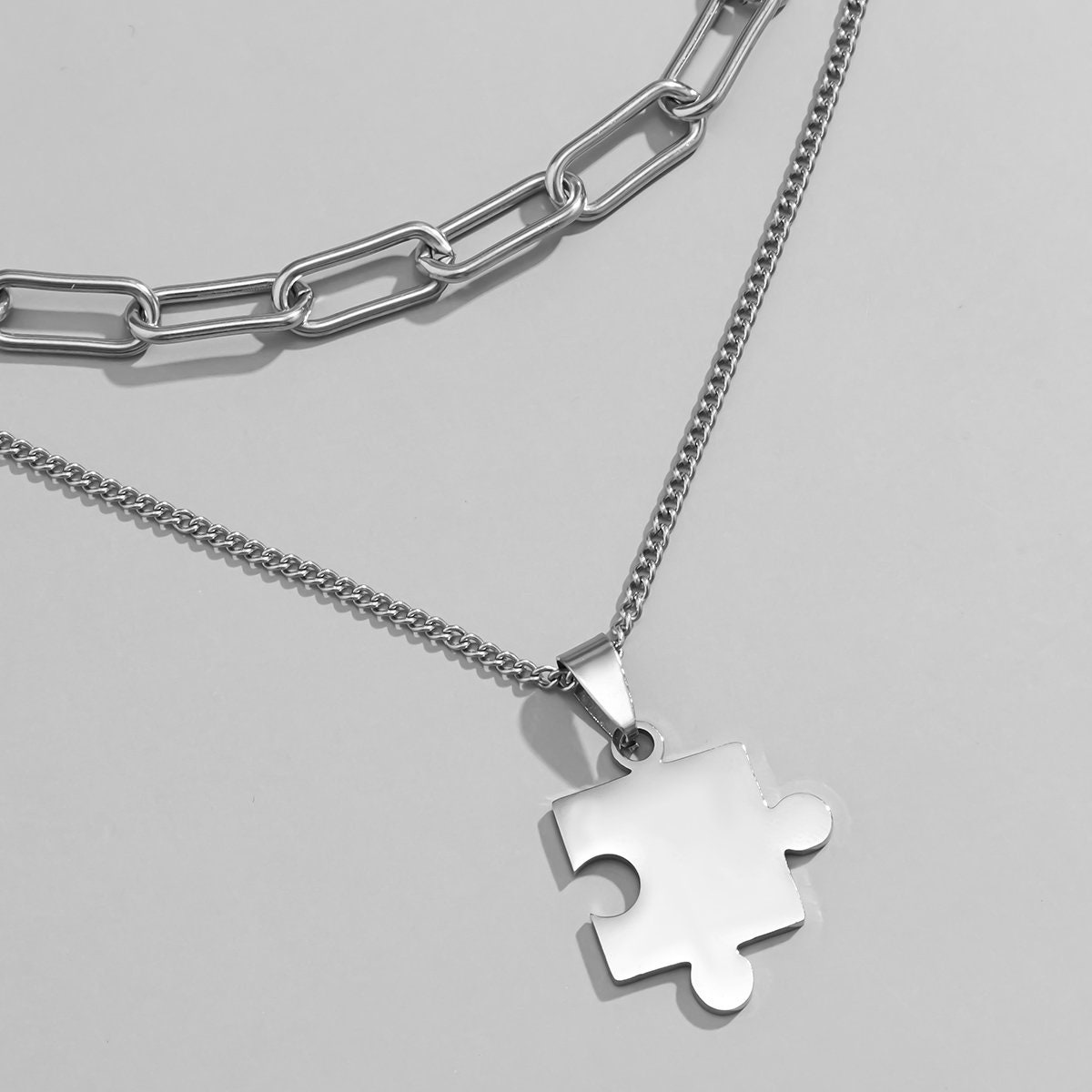 Stainless Steel Multilayer Jigsaw Puzzle Pendant Choker Necklace Set
