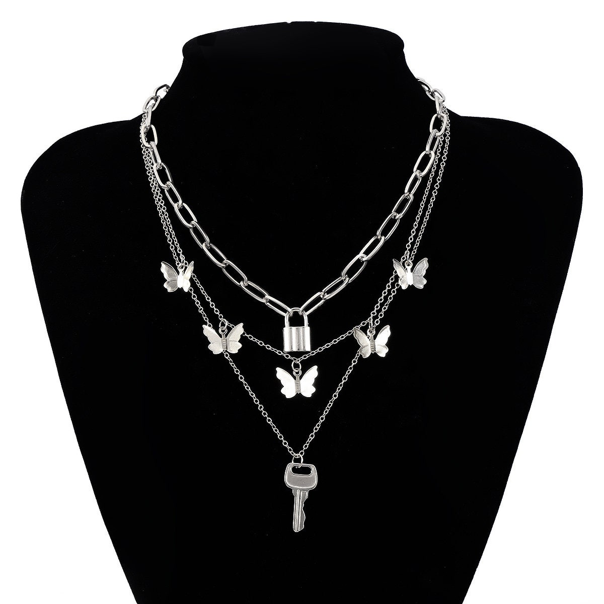 Download Multi-layer Gold Silver Tone Lock & Key Pendant Butterfly ...