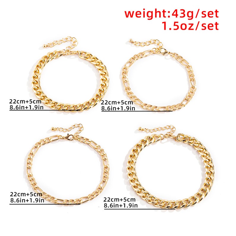Minimalist 4 Pieces Gold Silver Tone Figaro /& Curb Chain Anklet Set