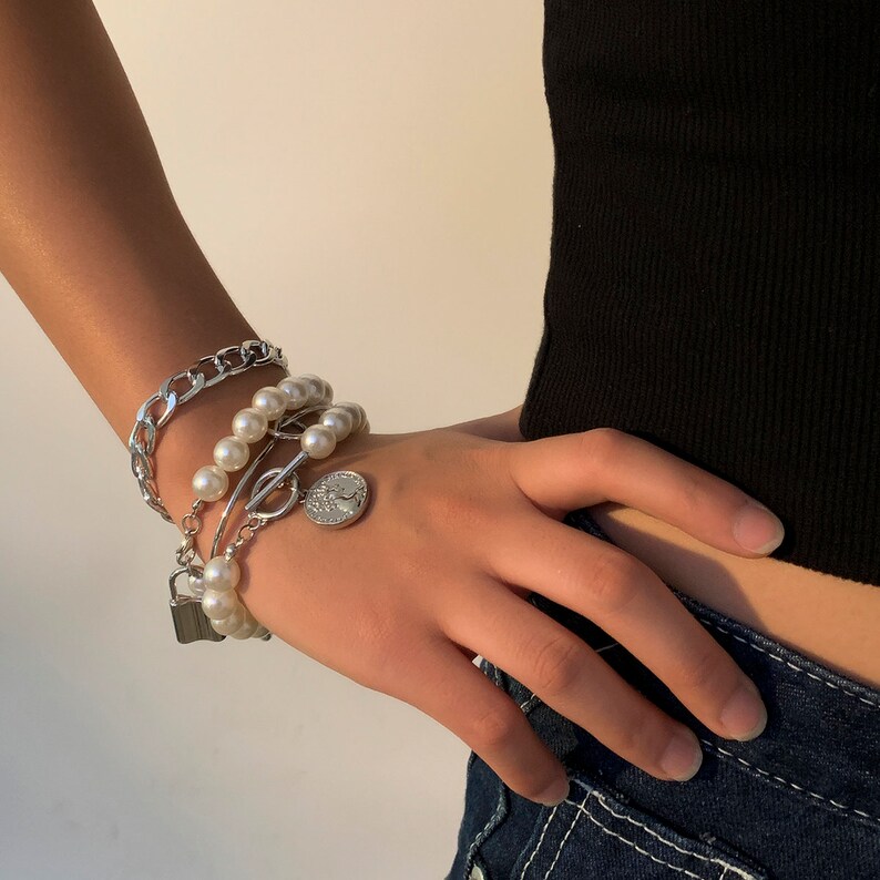 Boho Layered Gold Silver Tone Beaded Pearl Charm Bangle Bracelet Set