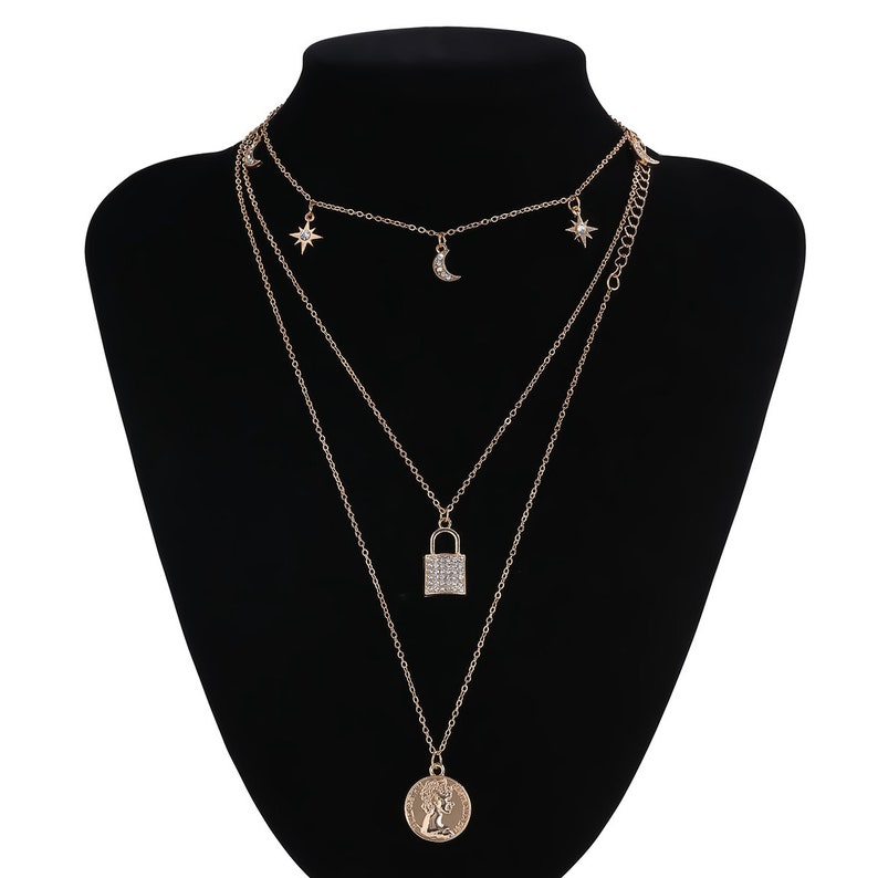 Boho Layered Crystal Inlaid Lock /& Celestial Charm Pendant Choker Necklace Set
